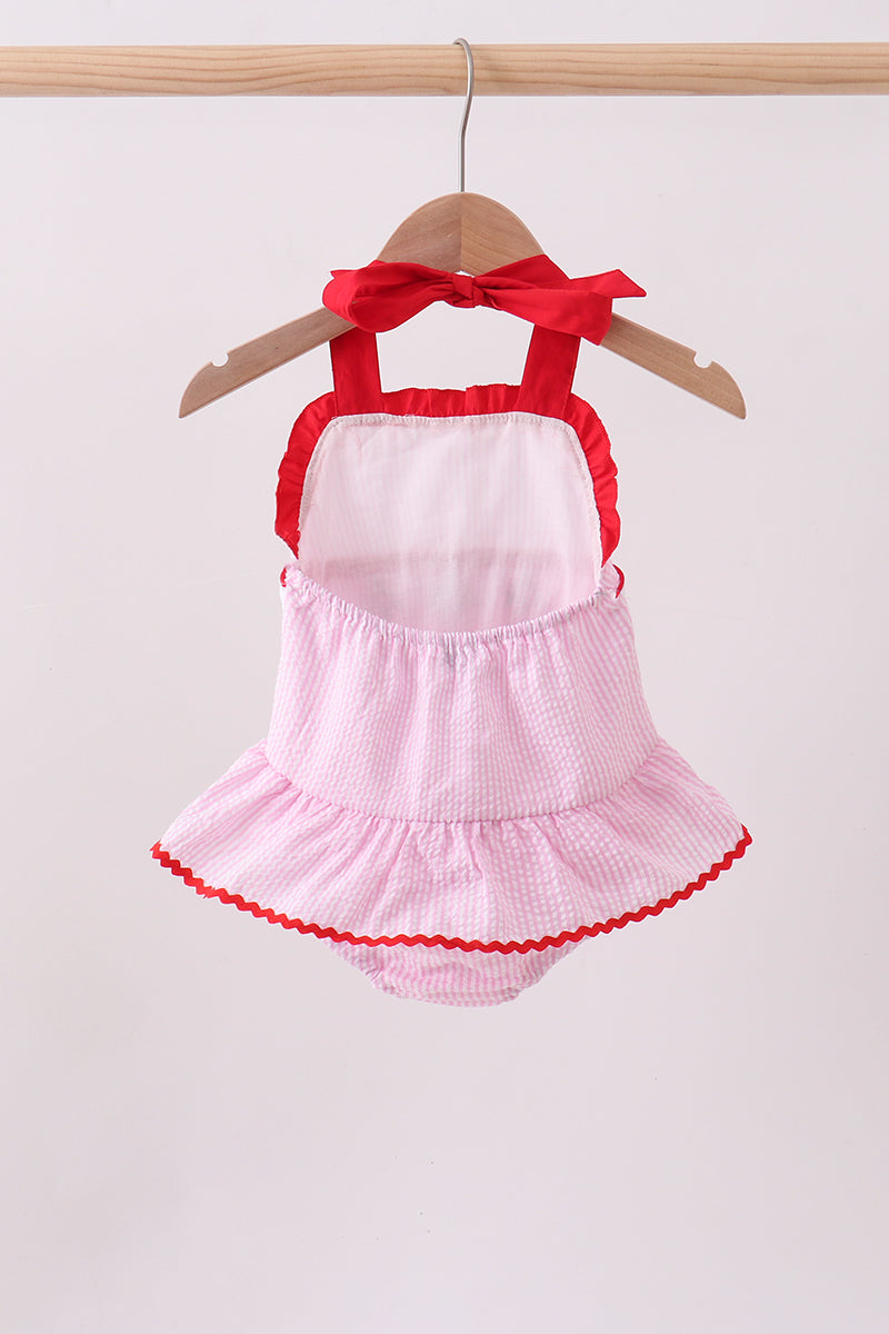 Pink stripe seersucker strawberry smocked one-piece swimsuit