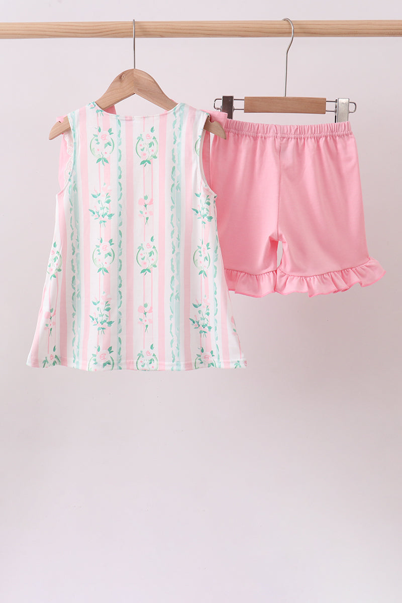 Pink floral print bow ruffle shorts set