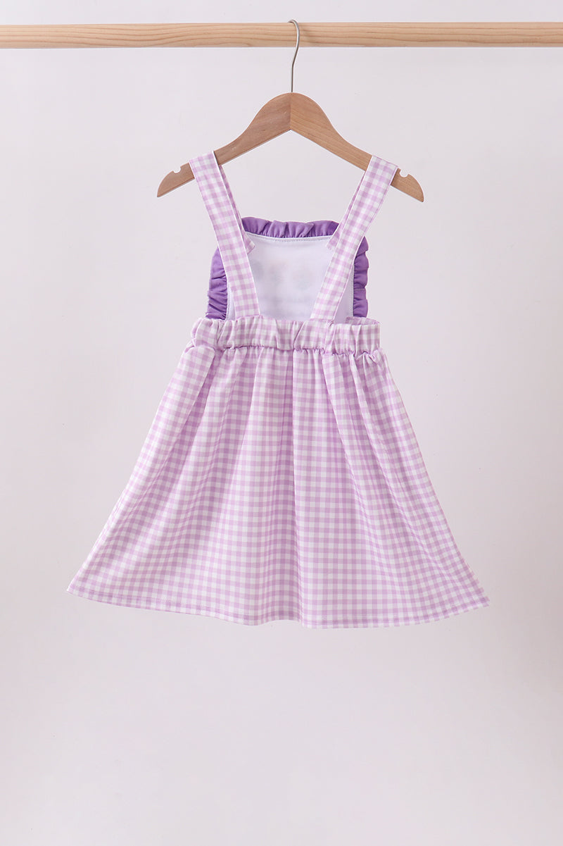 Purple floral embroidery gingham ruffle dress