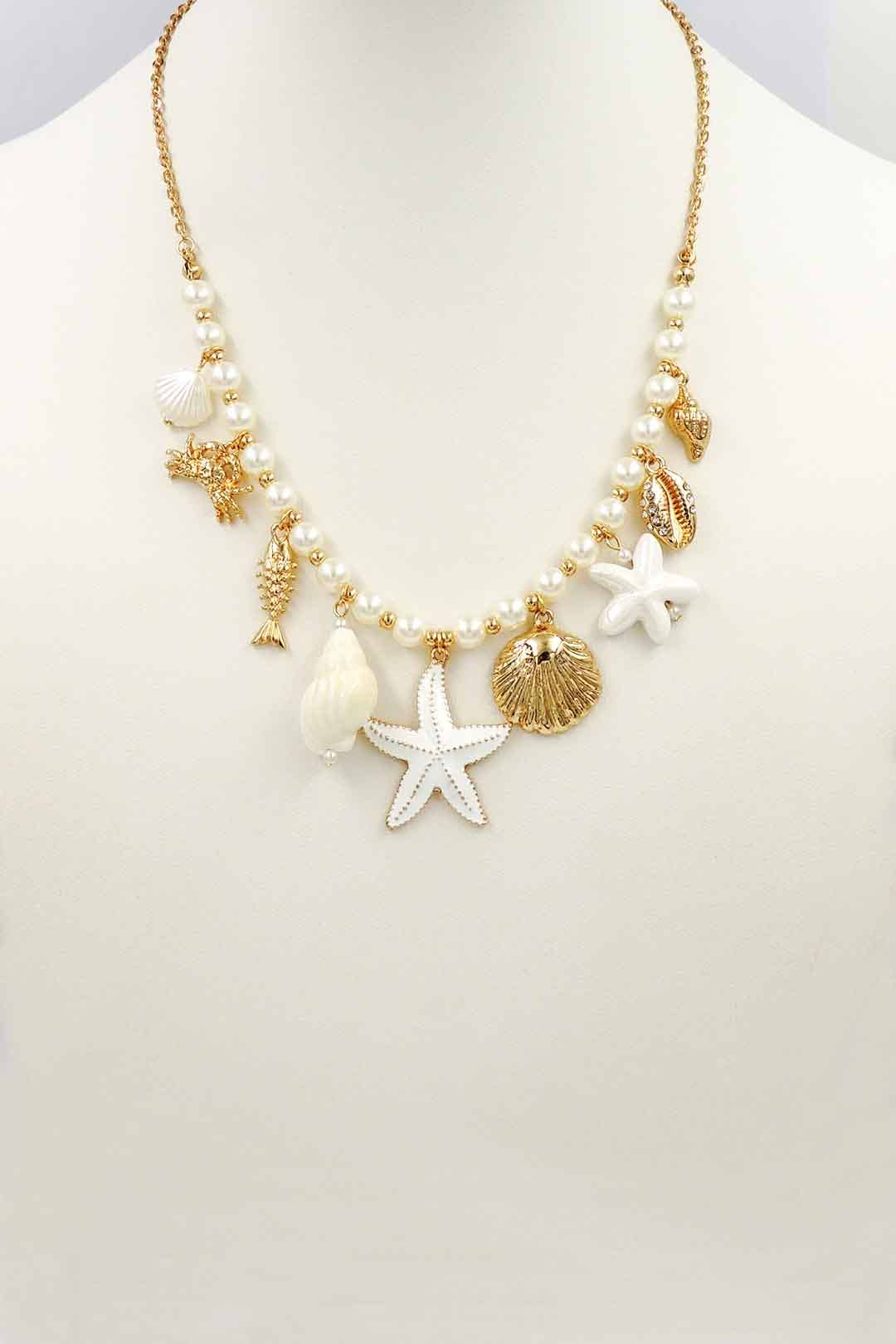 Gold Chain with Pearls and Sealife Charms 16"-18" Necklace