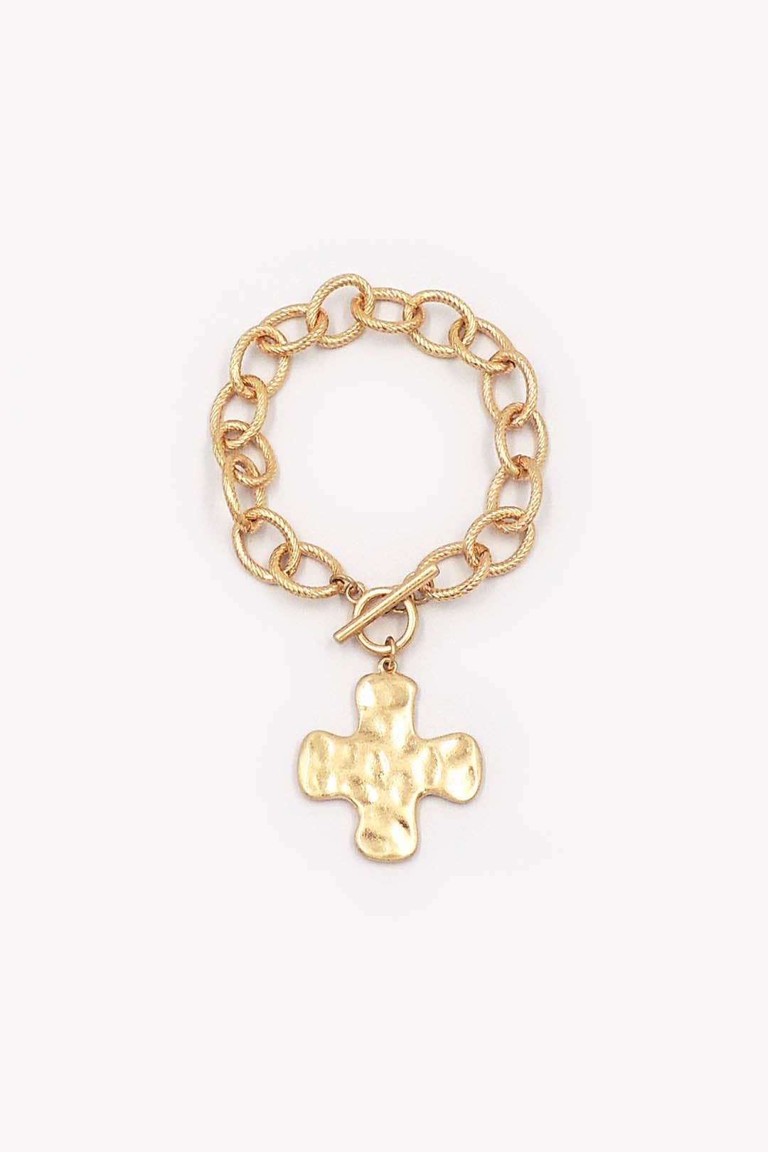 Worn Gold Link Toggle Bracelet with Hammered Cross Charm
