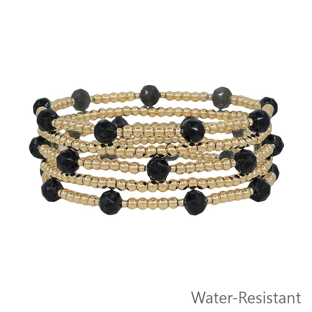 Water Resistant Set of 5 Gold Beaded with Black Crystal Stretch Bracelet