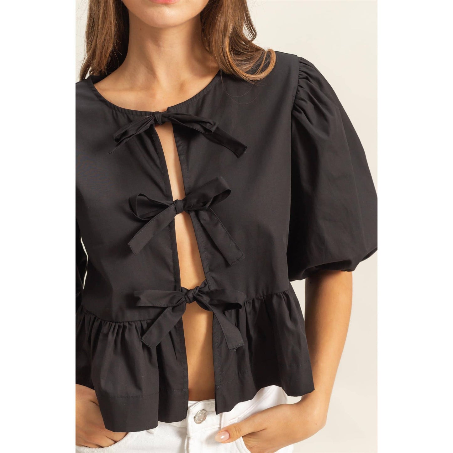 HF25E187-Ribbon Tie Open Front Peplum Top