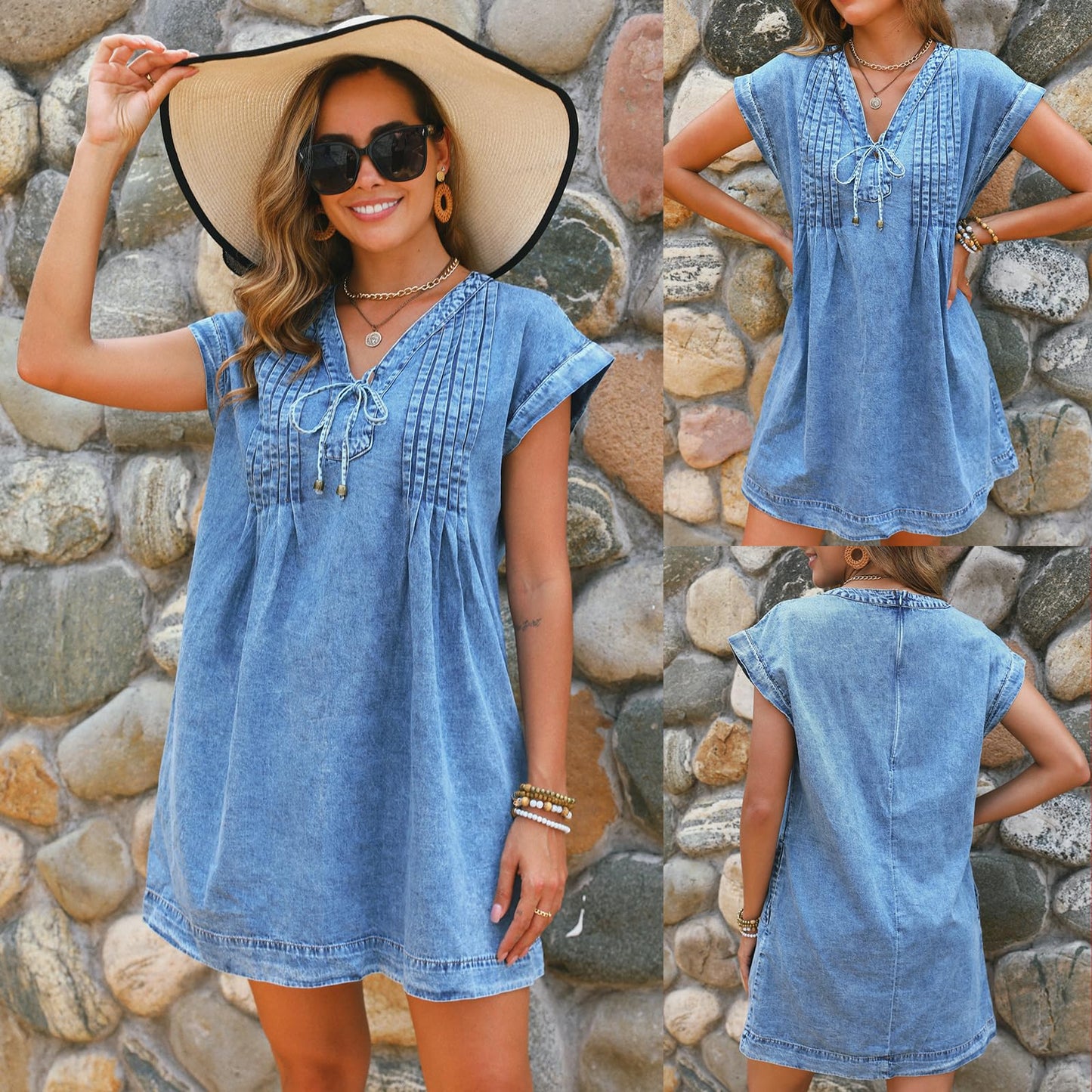 LIUSHIQI Womens Denim Romper V Neck Tie Front Pockets Blue Size S