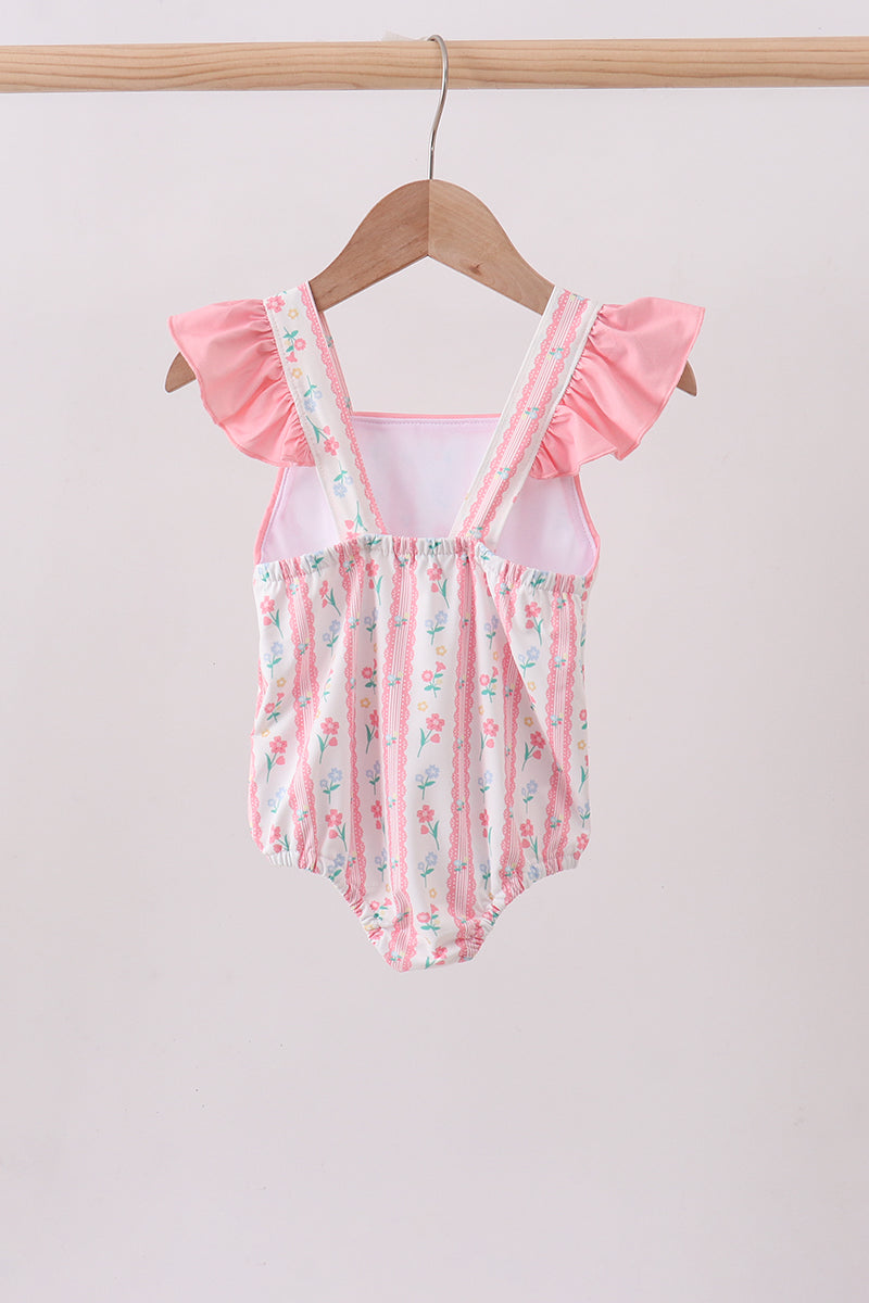 Blush floral print ruffle bow swimsuit