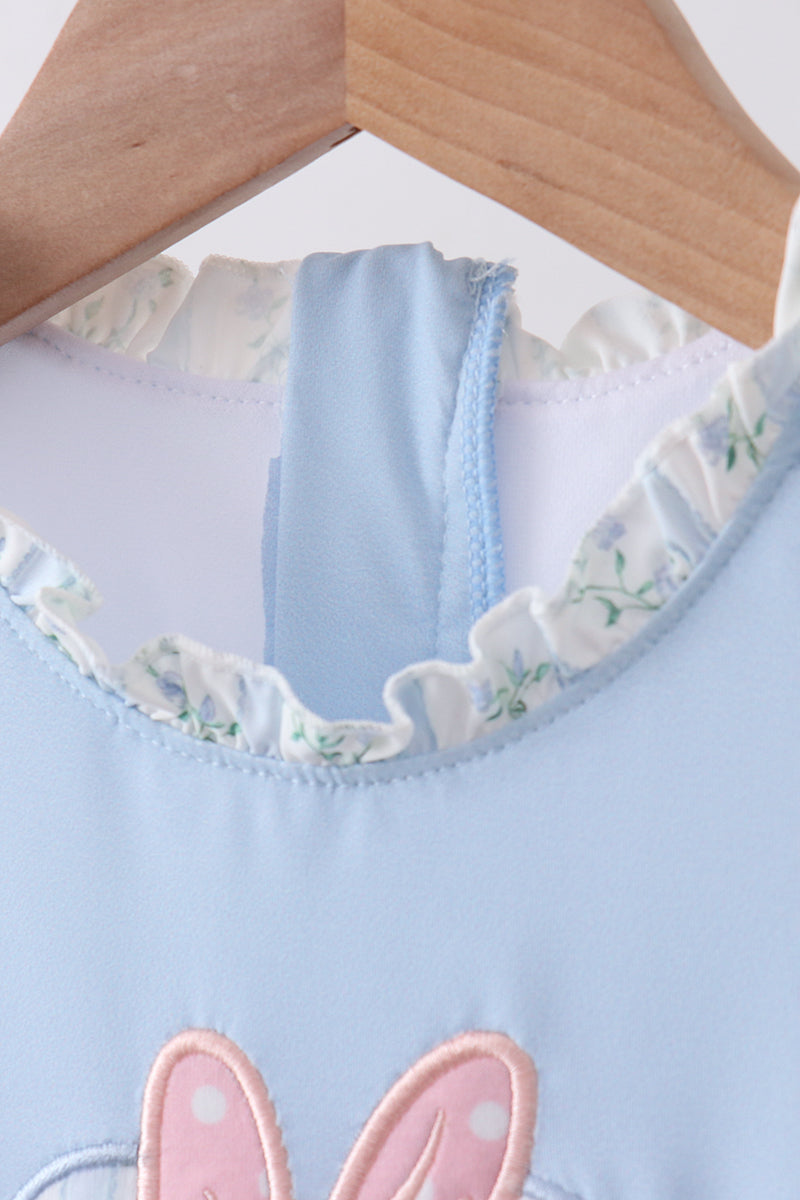 Blue character applique ruffle one-piece swimsuit