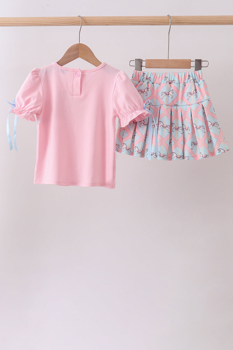 Pink carousel smocked ruffle skorts set