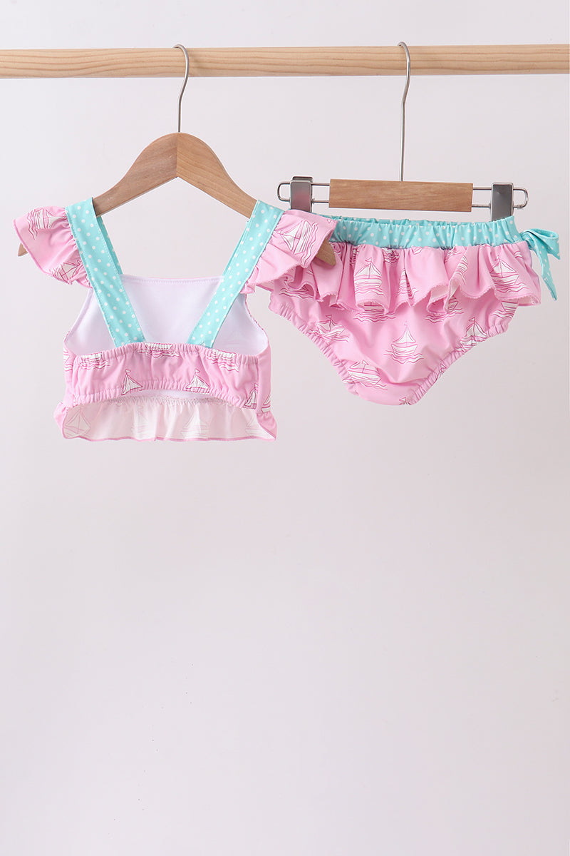 Pink sailboat print ruffle 2pc swimsuit