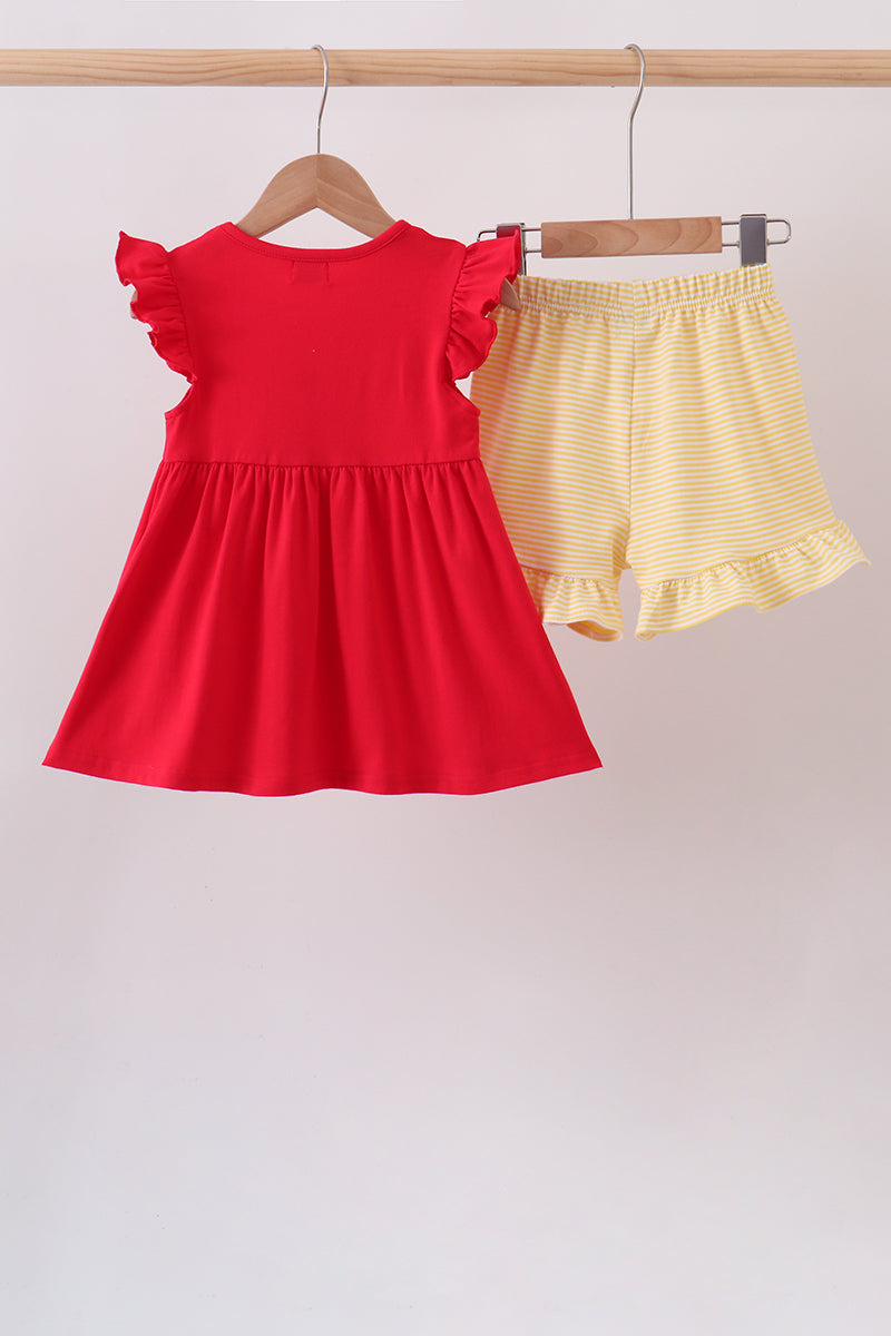 Red School bus Smocked Ruffle Shorts set