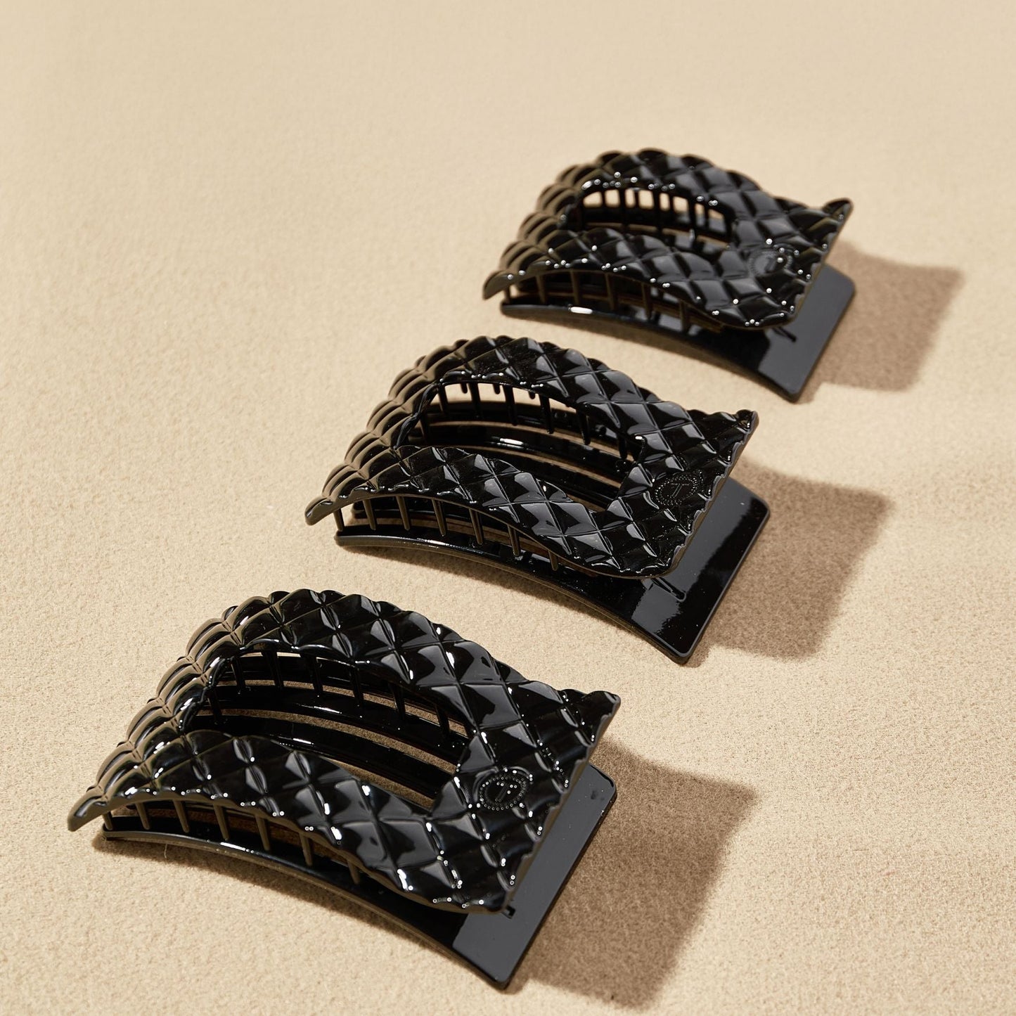 Jet Black Quilted Large Flat Rectangle Hair Clip