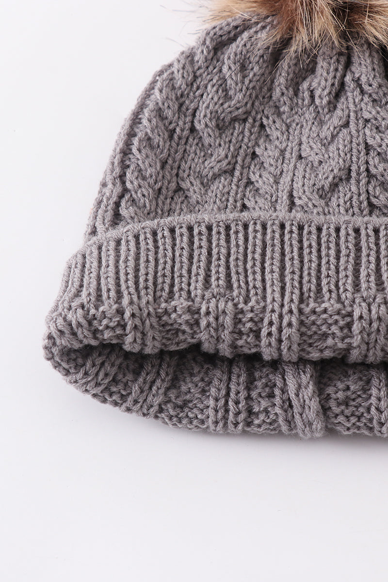 Grey cable knit pom pom beanie hat baby toddler adult
