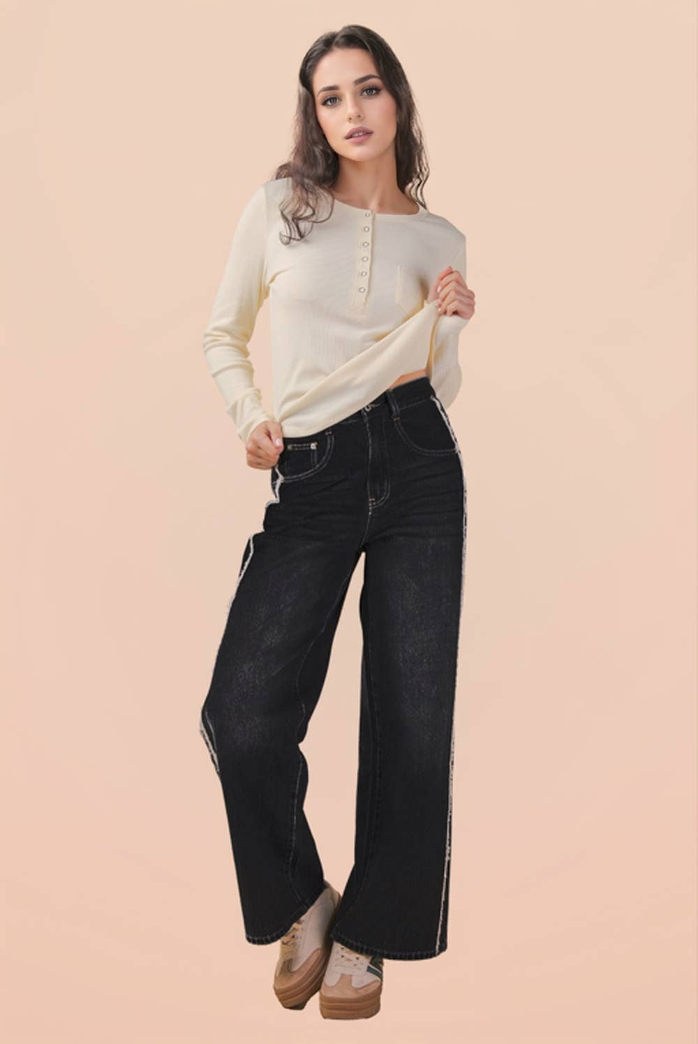 VJP90037-VERY JEAN Frayed Detail Washed Denim Pants