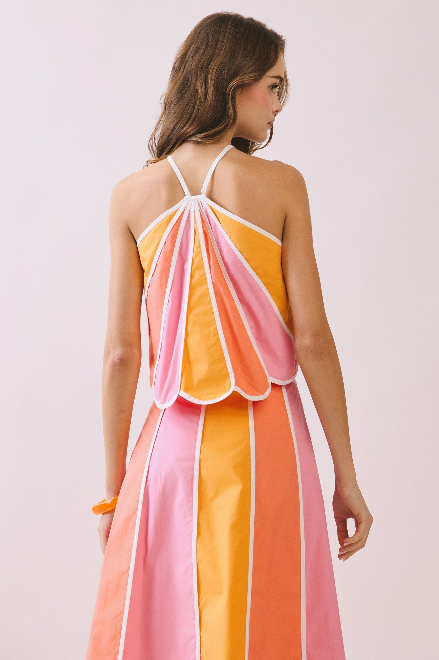 CT9722-Color Block Scalloped Edges Detail Halter Top