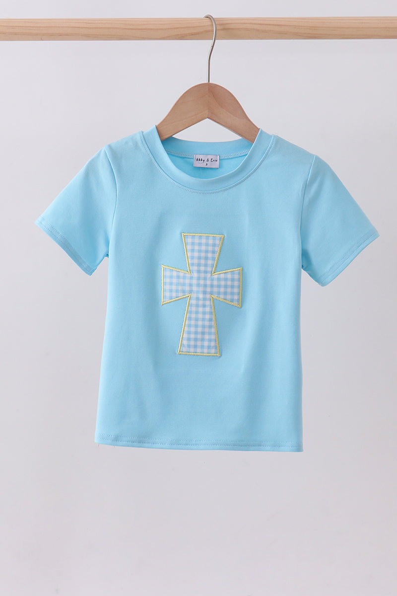 Blue cross applique top