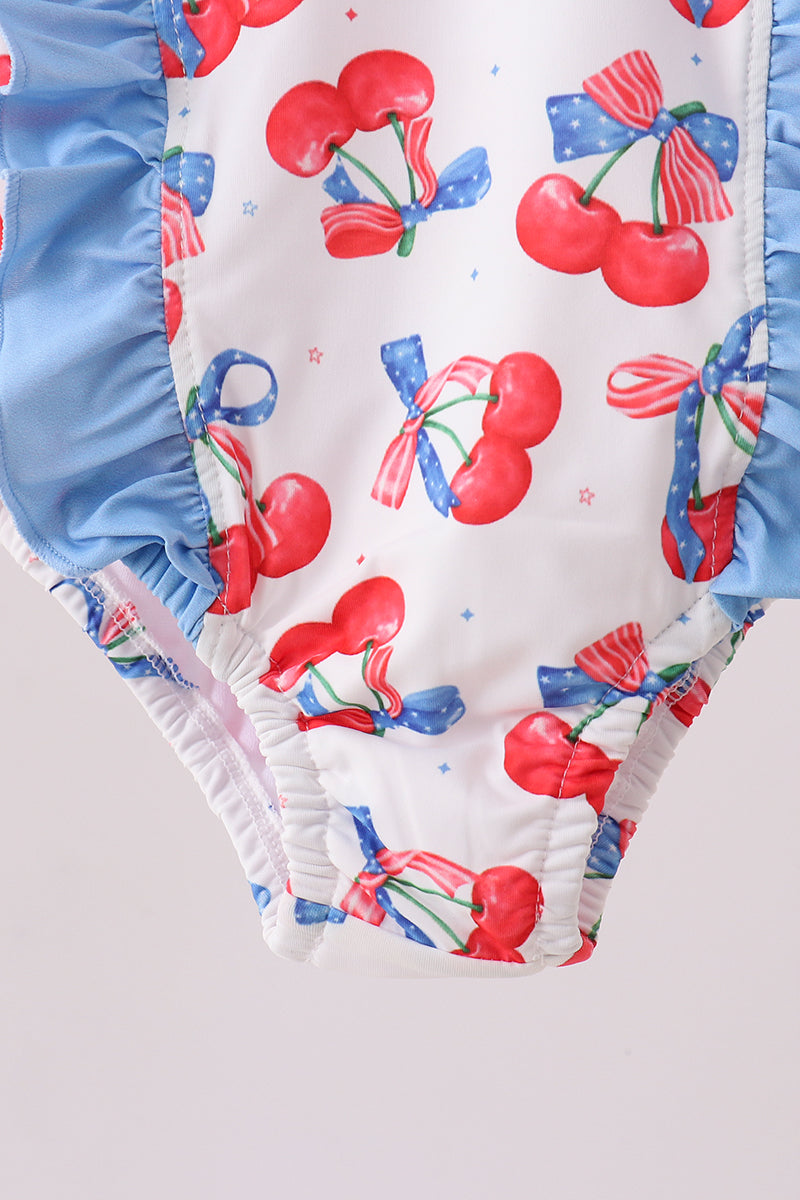 Blue cherry print ruffle swimsuit