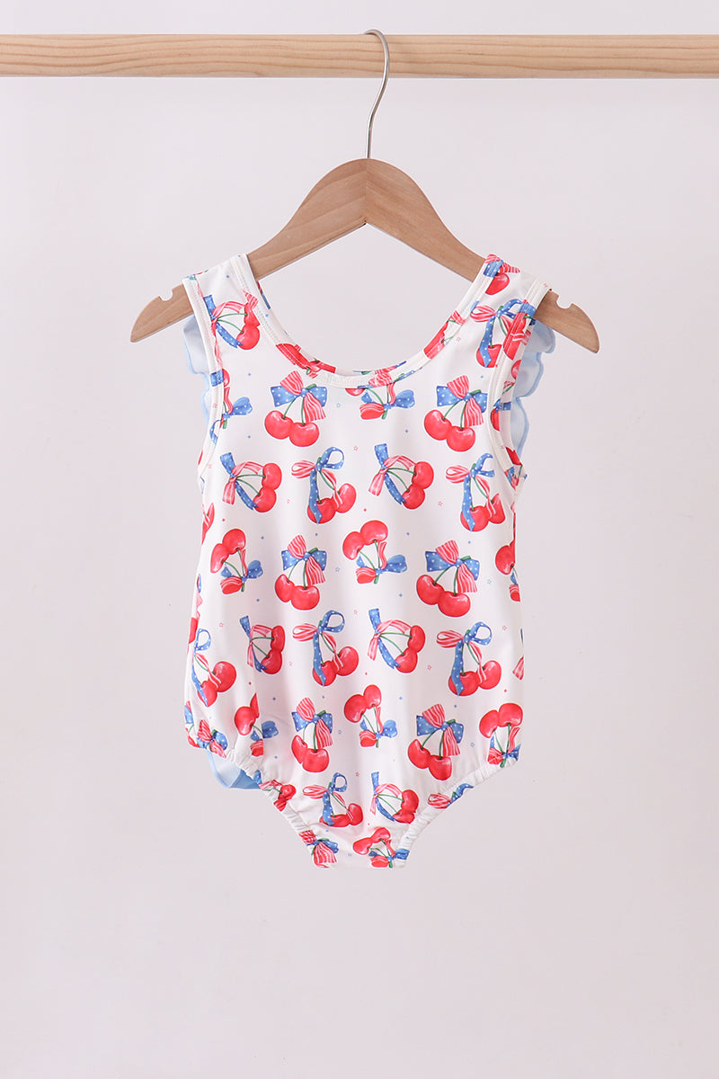 Blue cherry print ruffle swimsuit
