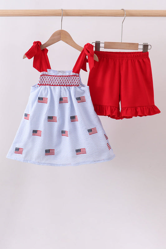 Blue flag embroidery seersucker ruffle shorts set