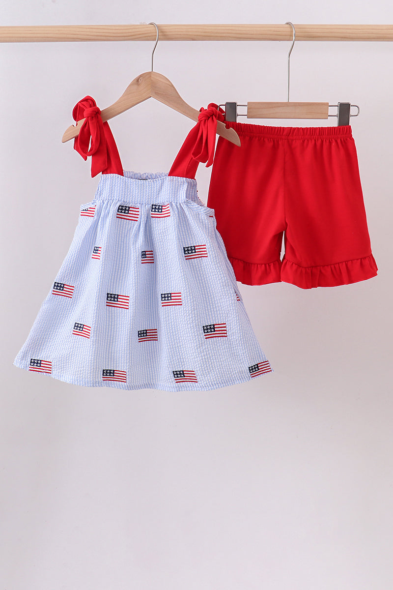 Blue flag embroidery seersucker ruffle shorts set