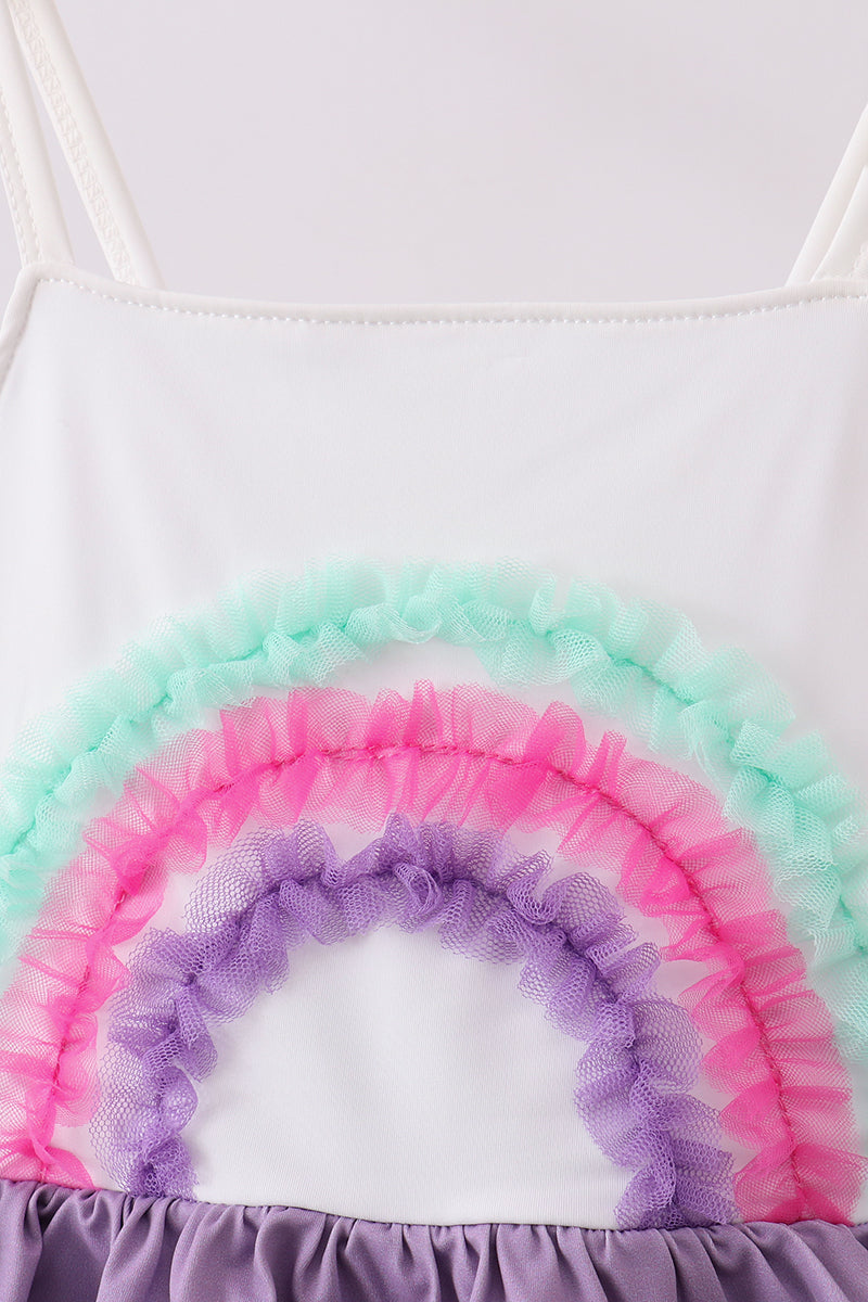 Purple lace rainbow ruffle one-piece swimsuit