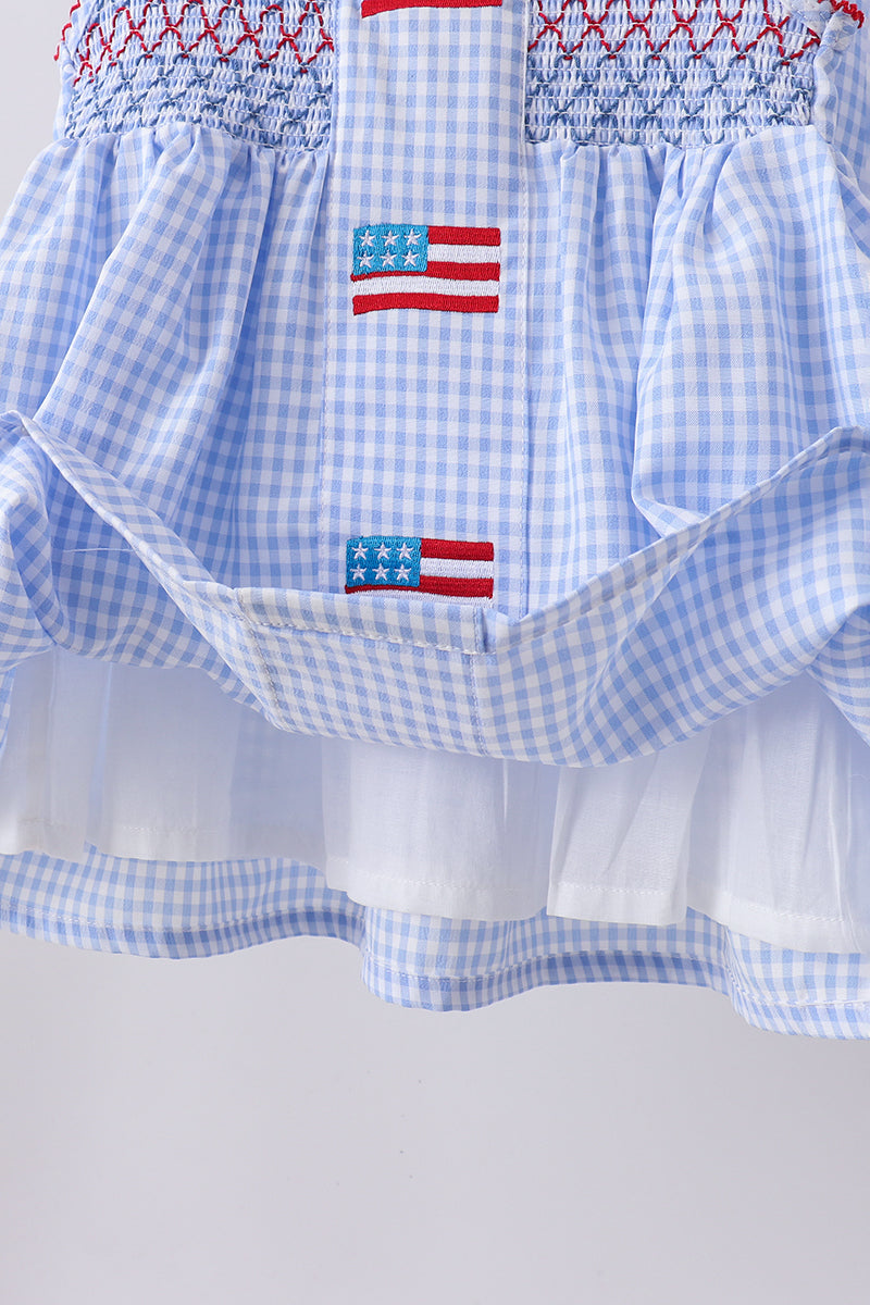 Blue flag smocked woven gingham ruffle shorts set