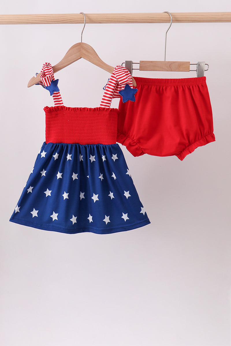 Blue star smocked bloomer set