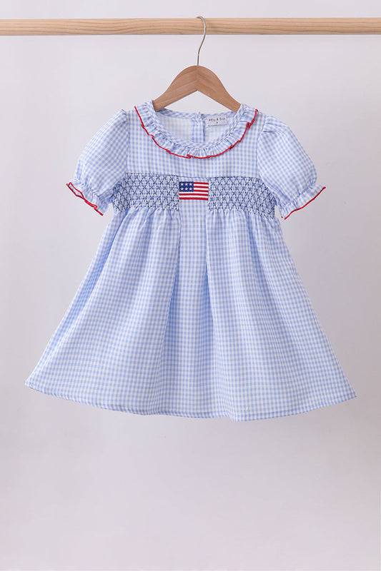 Blue flag smocked ruffle dress