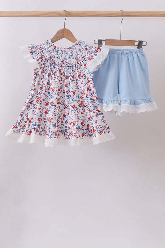 Blue floral lace smocked shorts set