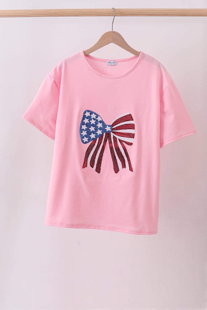 Pink flag bow sequin mom&me top