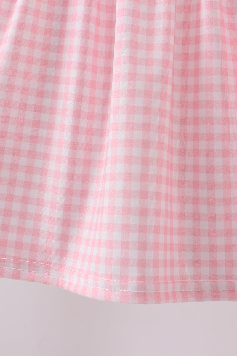 Pink flag embroidery gingham ruffle shorts set