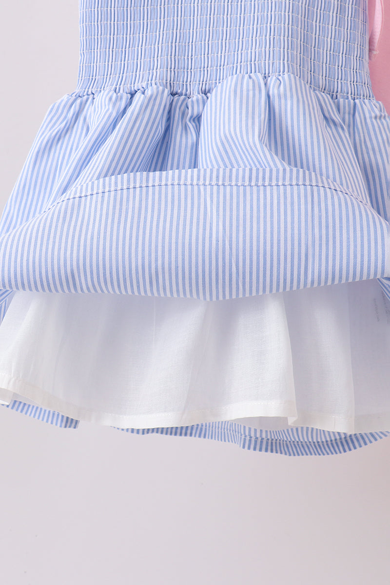 Blue Stripe Bow Smocked Ruffle Shorts Set
