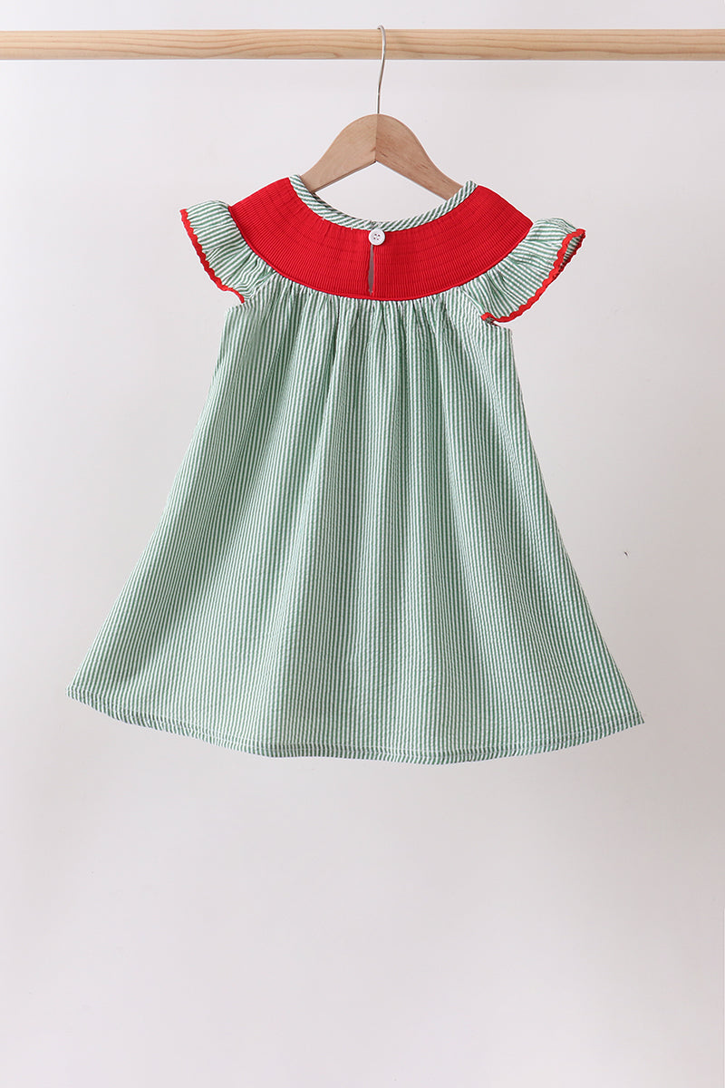 Green Watermelon Stripe Smocked Embroidered Seersucker Dress
