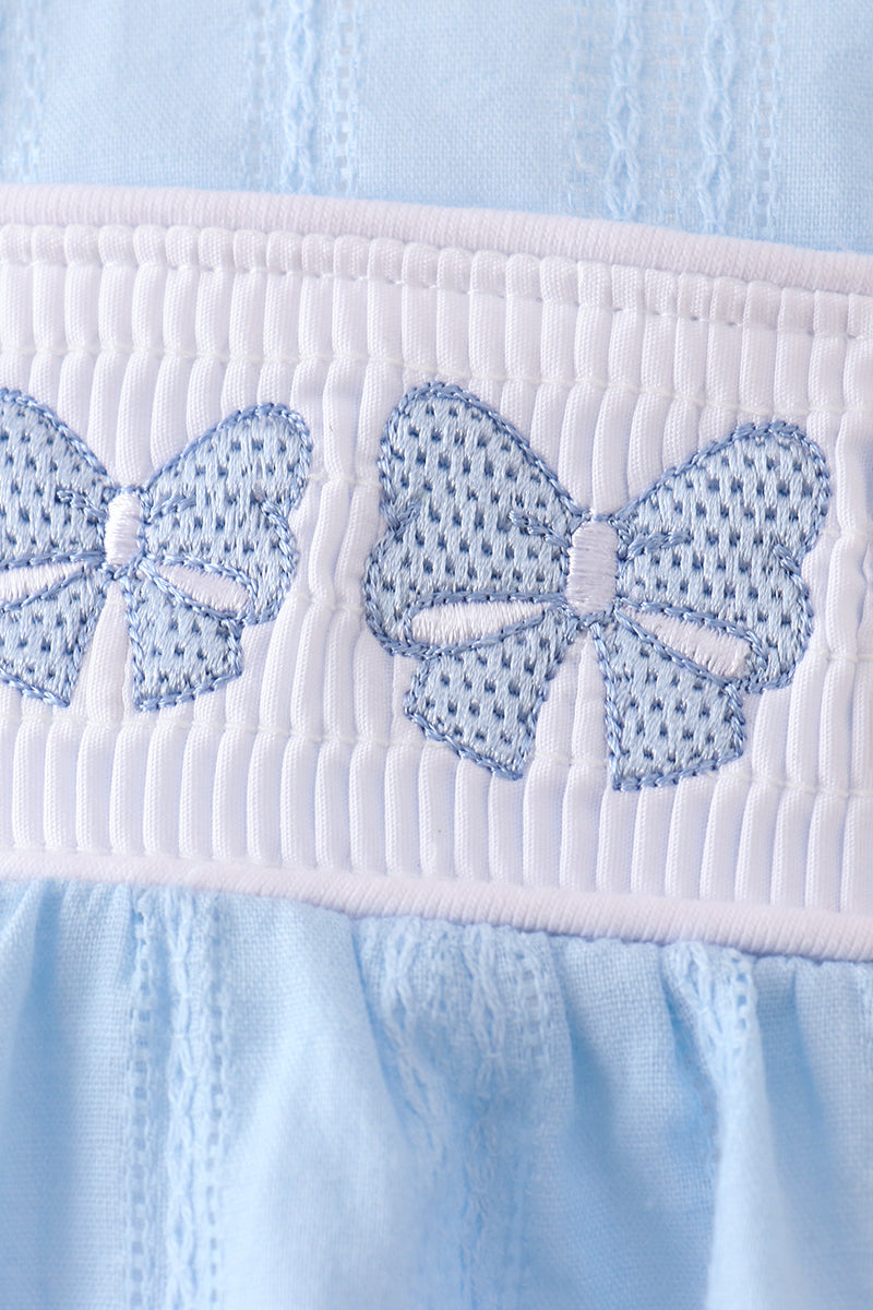 Blue Bow Smocked Embroidered Jacquard Bubble