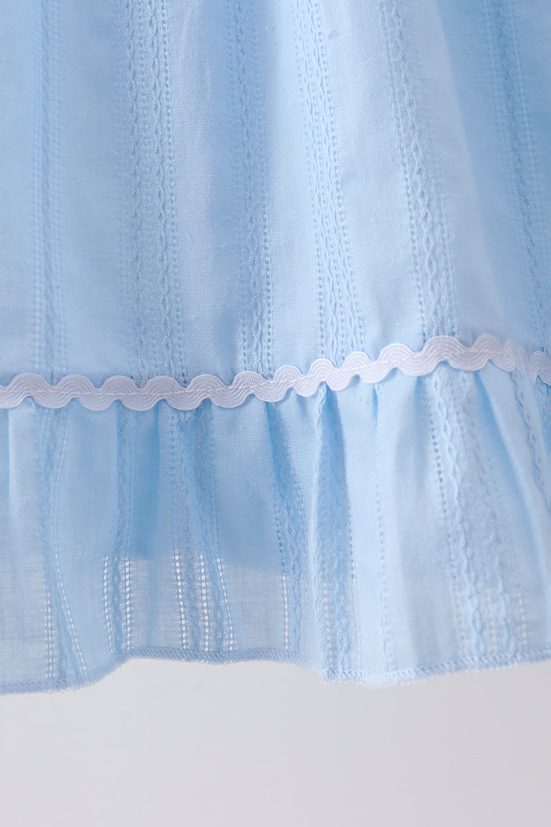 Blue Bow Smocked Embroidered Jacquard Dress