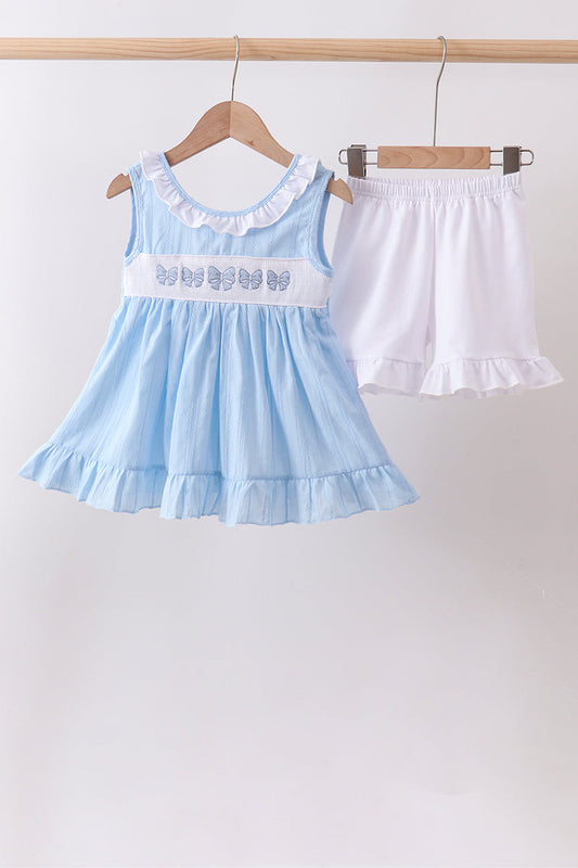 Blue Bow Smocked Embroidered Jacquard Set