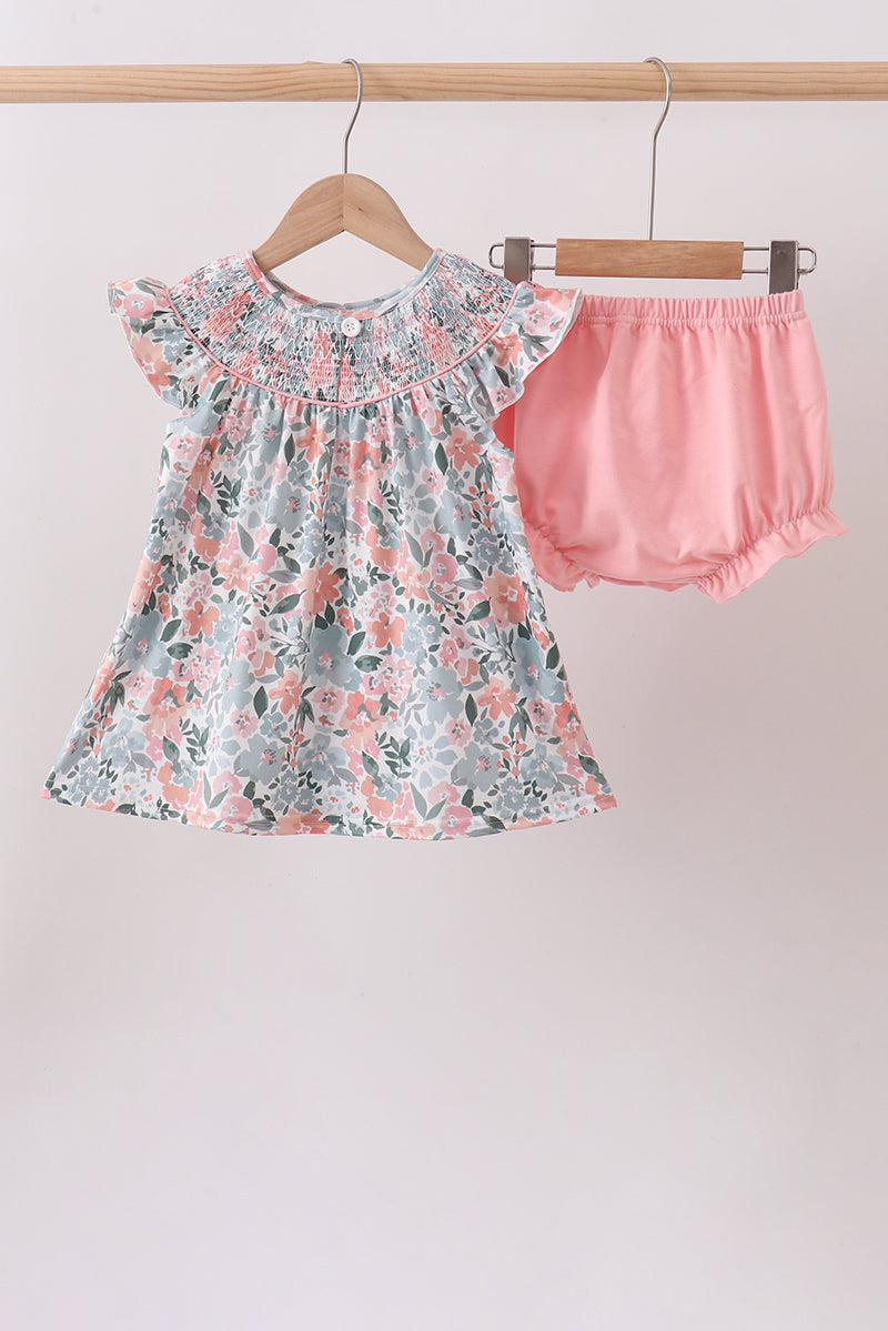 Pink Floral Smocked Bloomer Set