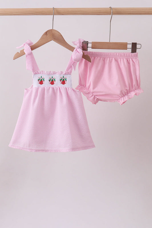 Pink stripe seersucker strawberry smocked bloomer set