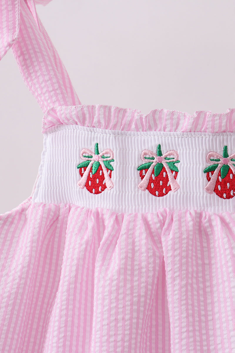 Pink stripe seersucker strawberry smocked dress