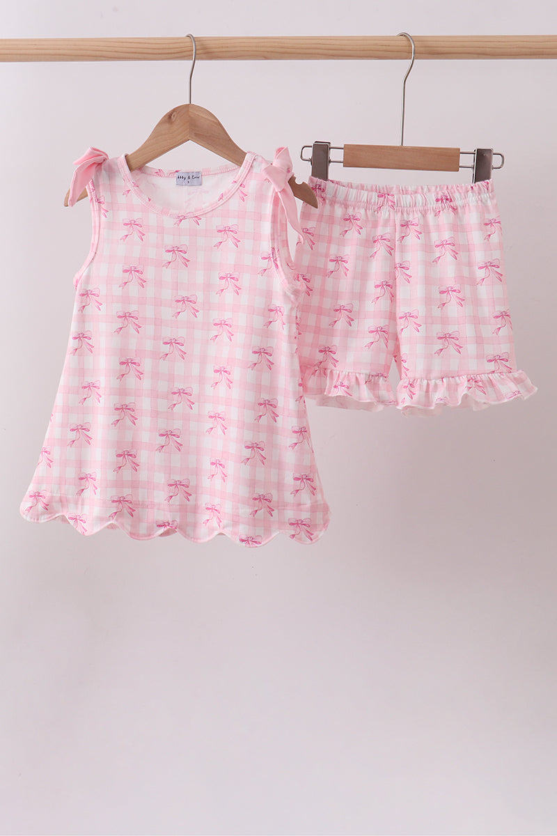 Pink bow print scalloped ruffle shorts set