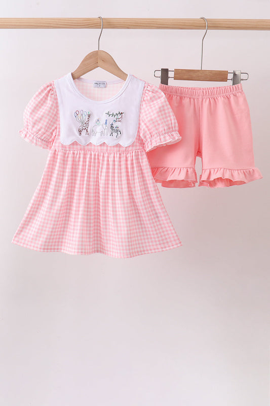 Pink Gingham Animal Embroidered Set