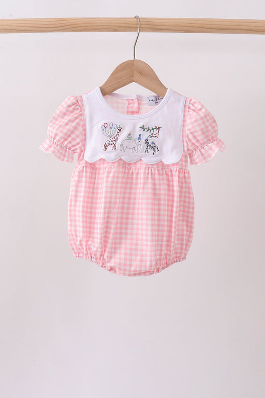 Pink Gingham Animal Embroidered Bubble