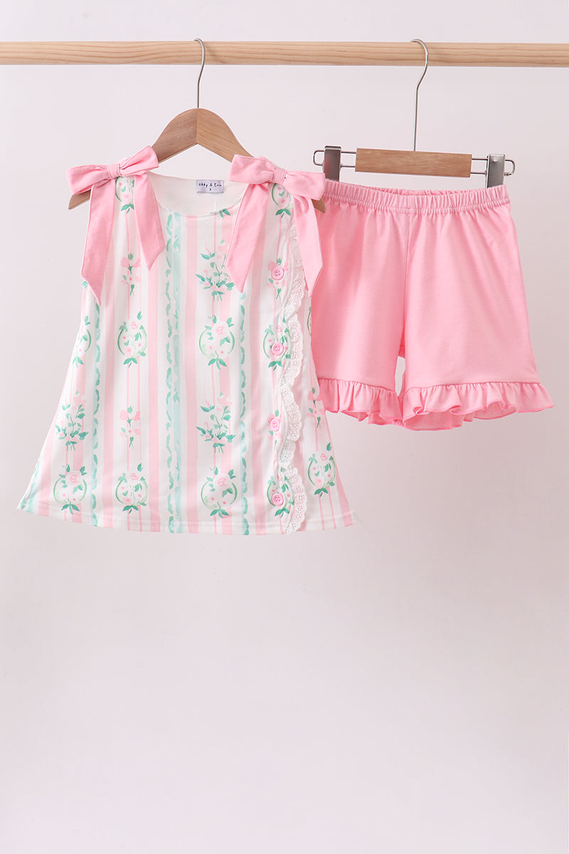 Pink floral print bow ruffle shorts set