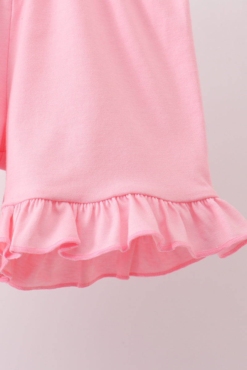 Pink floral print bow ruffle shorts set