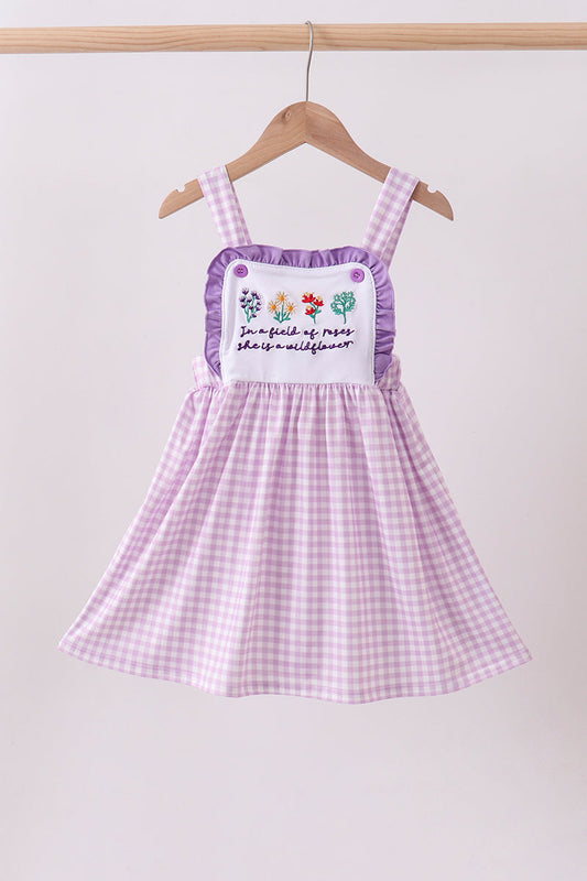 Purple floral embroidery gingham ruffle dress