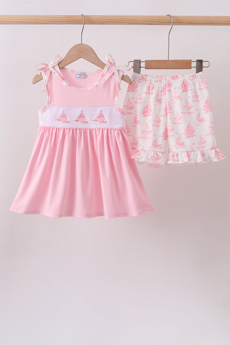 Pink Sailboat Embroidered Set