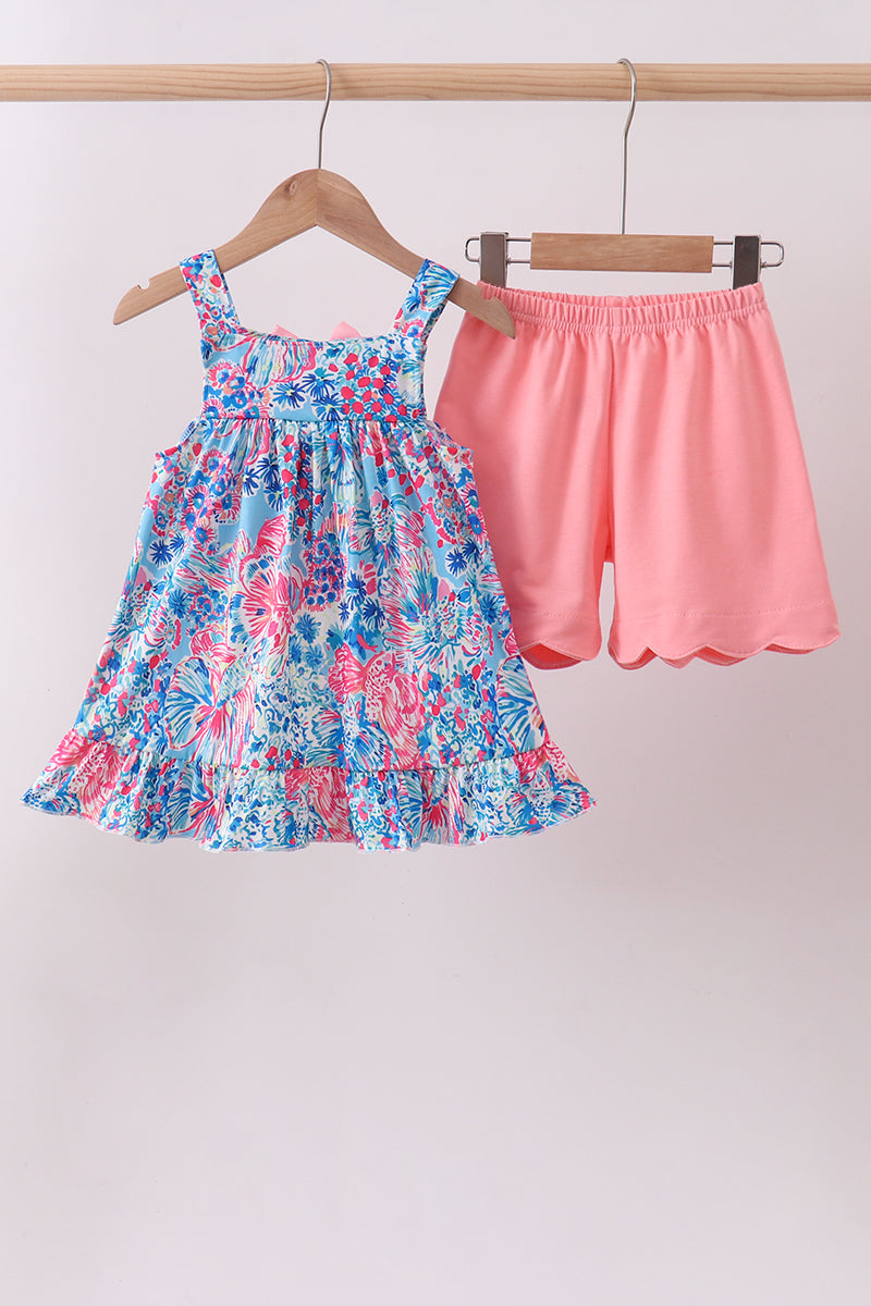 Pink tropical floral print ruffle shorts set