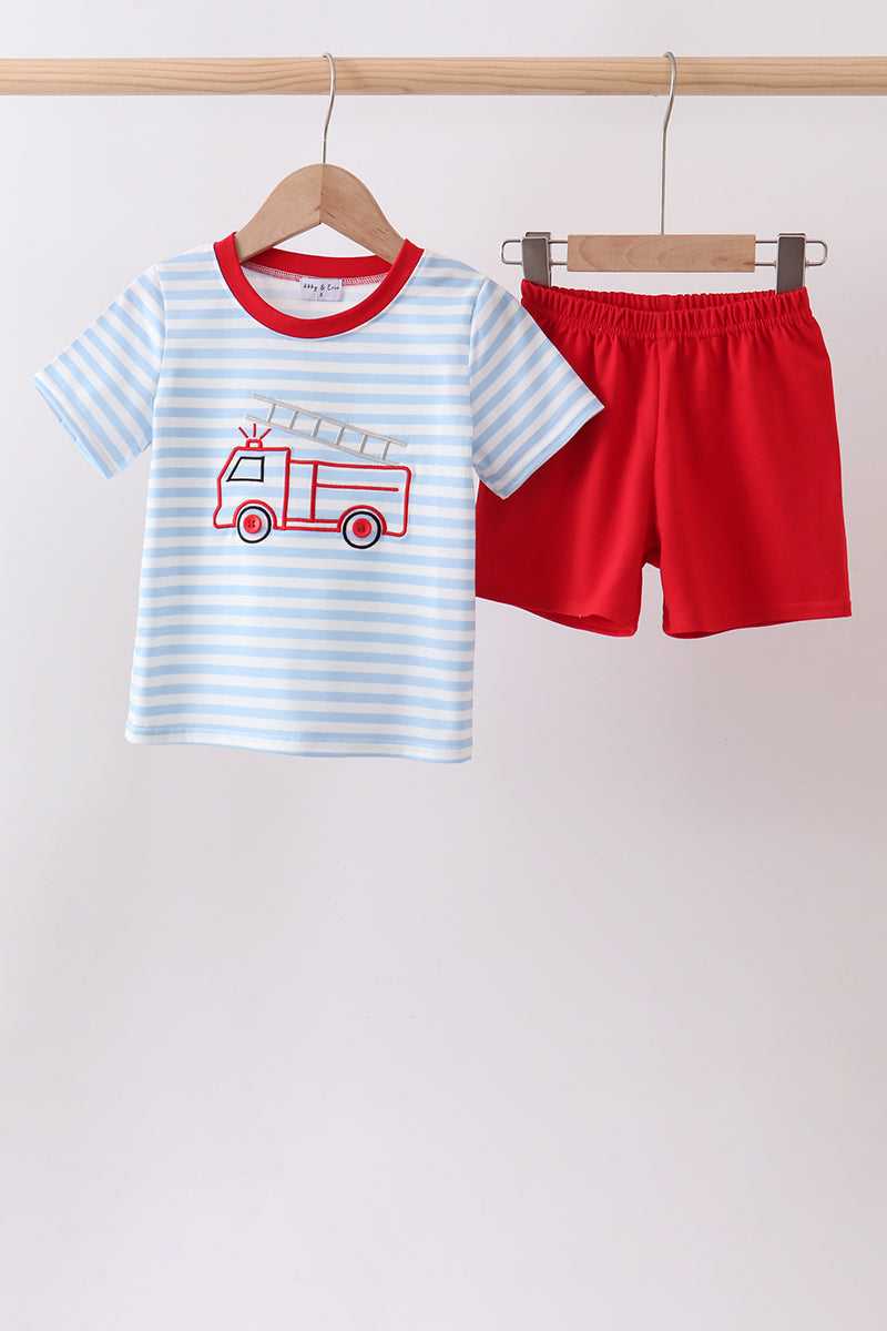 Blue Fire Engine Stripe Embroidered Set