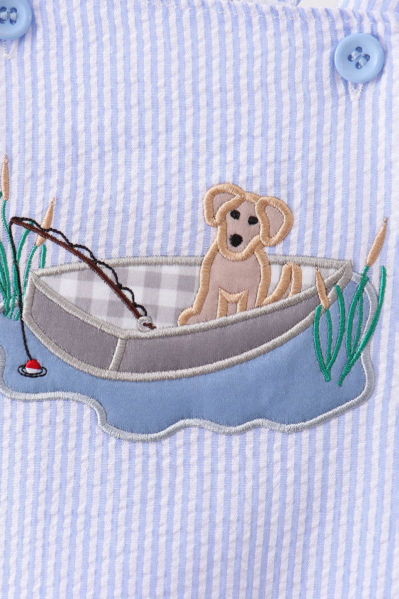 Blue Puppy Applique Seersucker Jon Jon