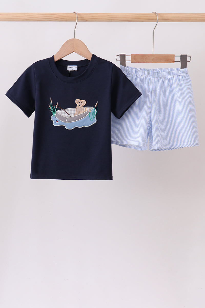 Navy Puppy Applique Seersucker Set