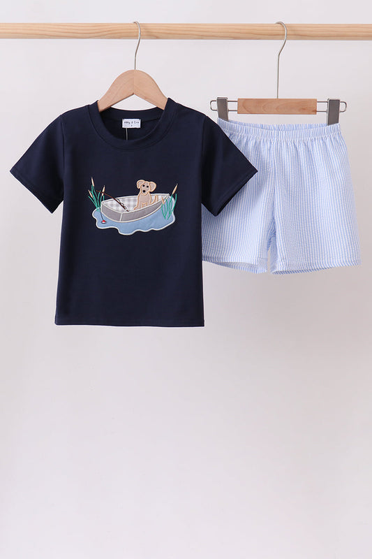 Navy Puppy Applique Seersucker Set