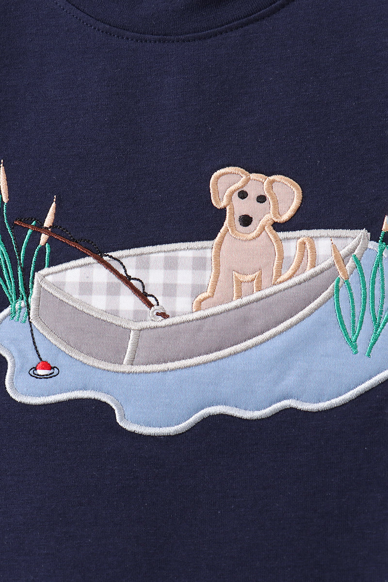 Navy Puppy Applique Seersucker Set